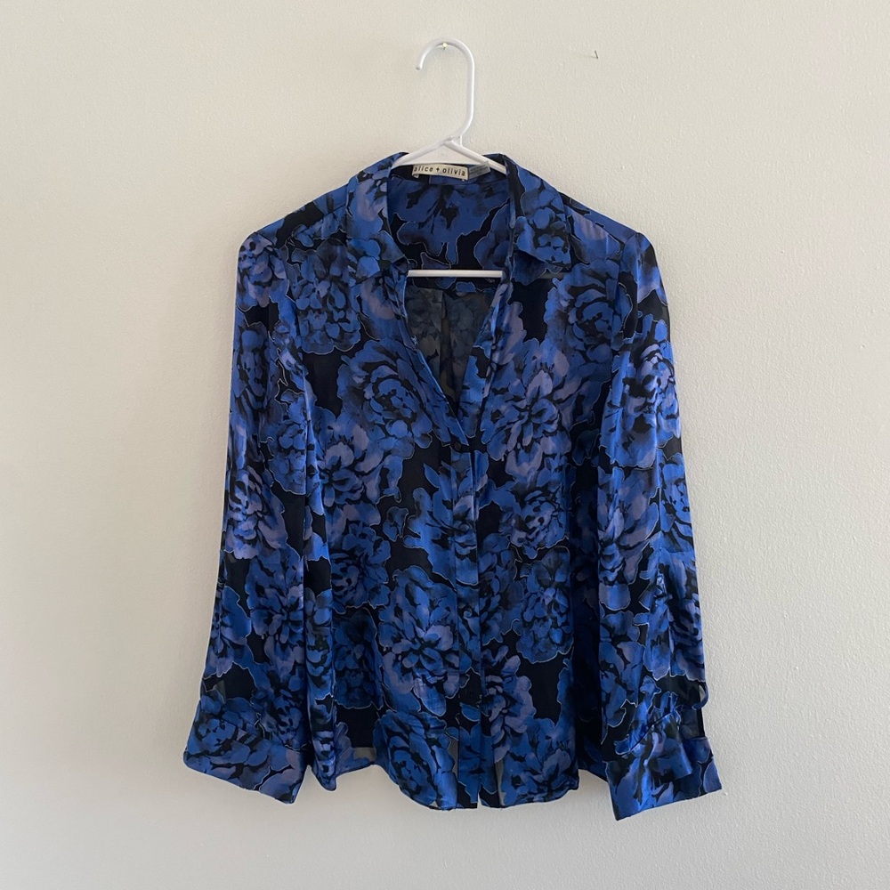 Alice and Olivia Blue and Black Long Sleeve Button Down Shirt